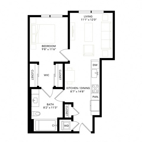 Floor plan for 1 bed, 1 bath, 627 sqft